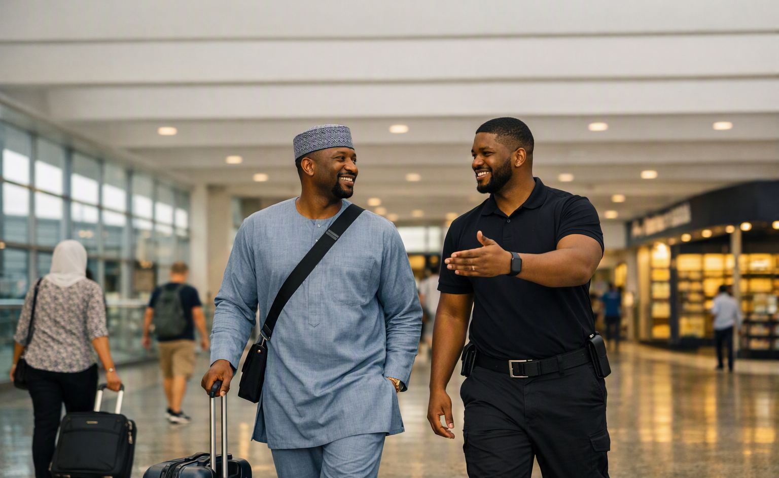 Unarmed escort officer guiding a client through an airport departure hall
